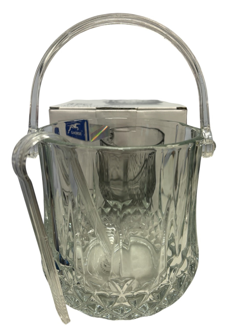 Hielera de vidrio tallada con tanaza y asa