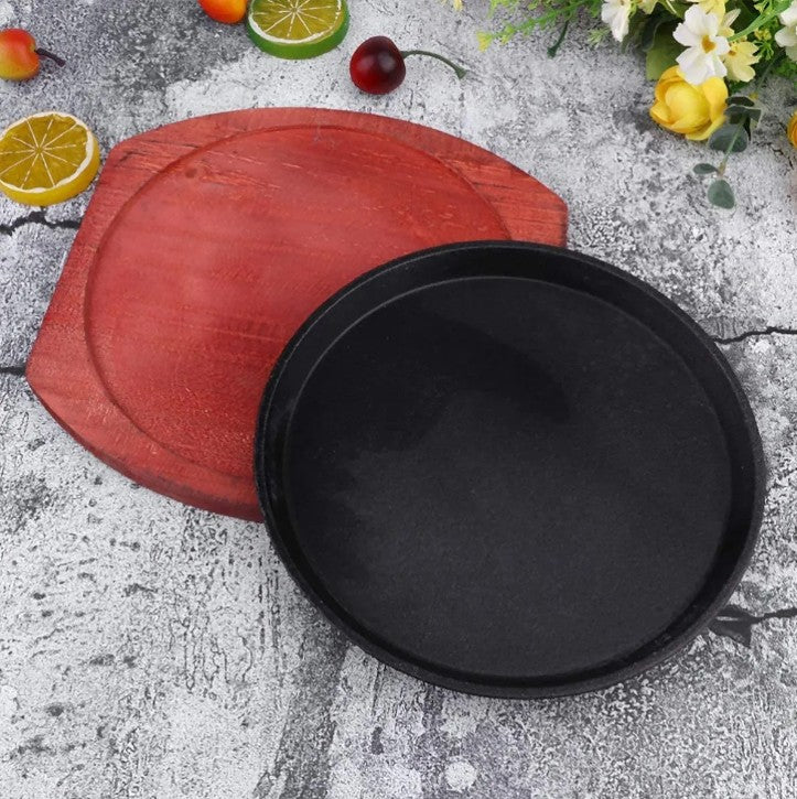 Plancha Plato De Fierro Fundido Con Base Madera Sartén