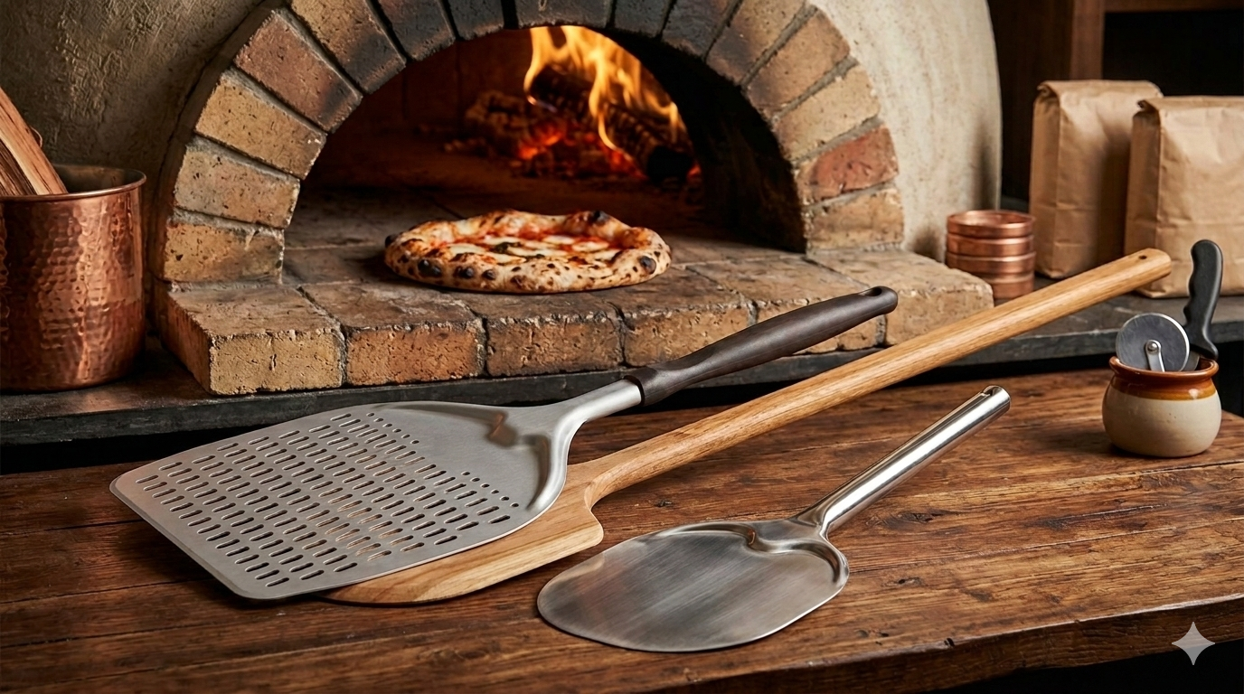 Set de herramientas esenciales para pizzaiolo: palas de mango largo para horno napolitano y accesorios de acero inoxidable de alta calidad